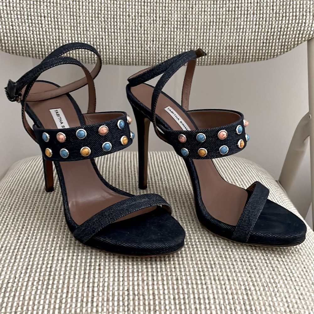 Tabitha Simmons, Studded denim heels, 38.5 (US 7.5)